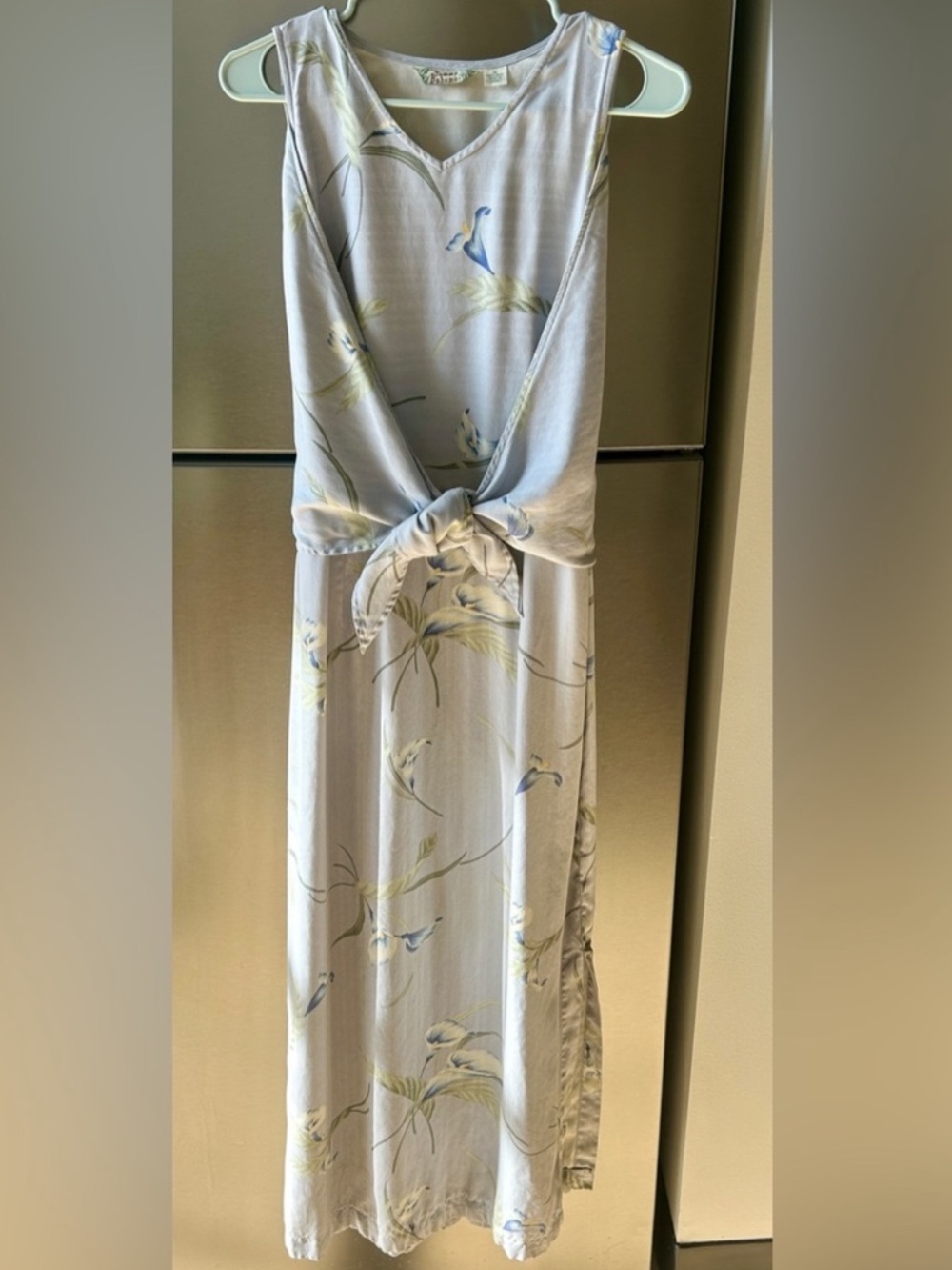 Tommy Bahama 100% Silk Floral Midi Dress Size 12 Blue Sleeveless Tie Front